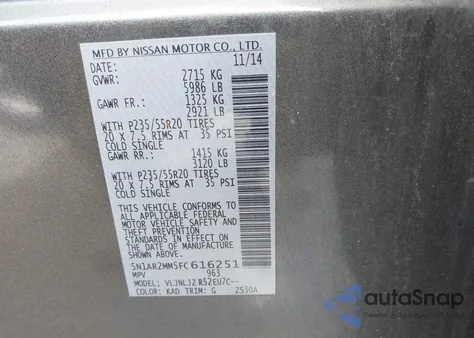 2015 Nissan Pathfinder Platinum z USA, uszkodzony, nr VIN 5N1AR2MM5FC616251